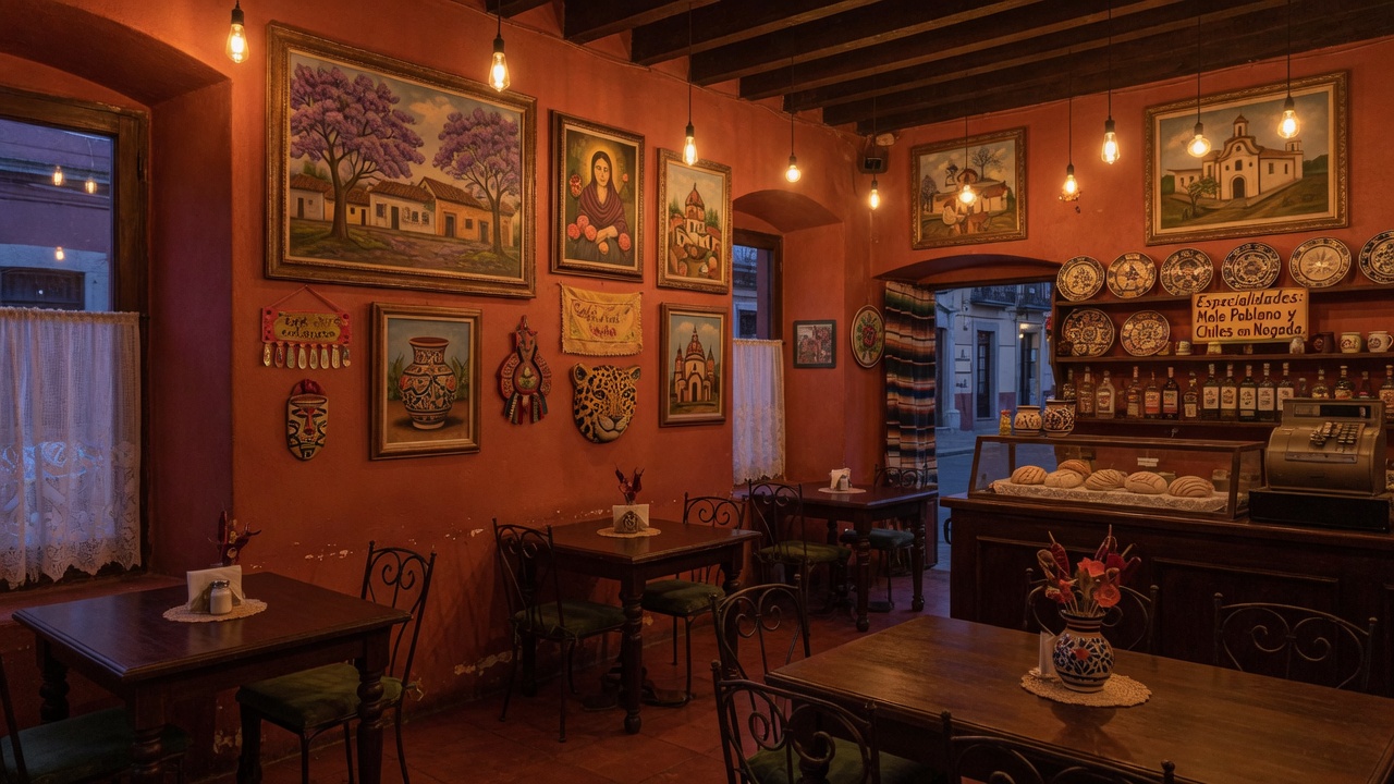 Interior cálido de Café del Artista en el Barrio del Artista, Puebla